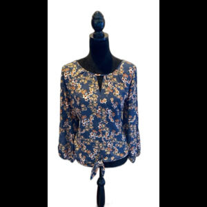 West Kei Blouse Size Large Steely Blue Floral Keyhole & Tie Front Feminine